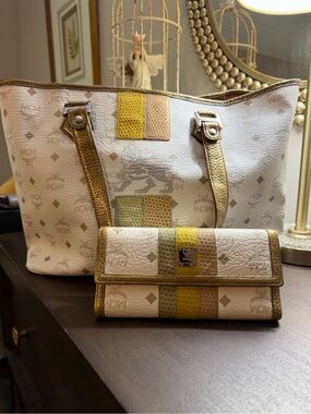 MCM White Logo Tote and matching wallet with Gold Accents